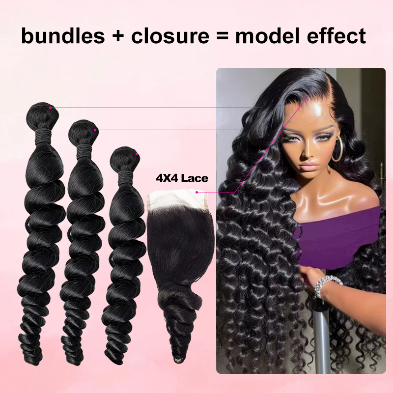 Deep Wave 3 Bundles With Closure - 30 40 İnç Gevşek Dalgalı Saç
