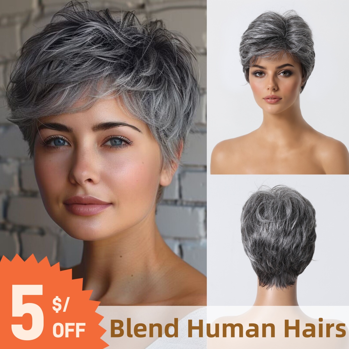 Short Pixie Cut Wig Human Hair Cheap - Kısa Peri Kesim Gri İnsan Saç